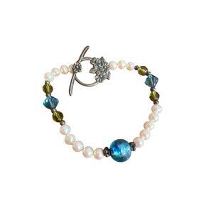 Vintage Sterling Silver Pearl Glass Crystal Bracelet Toggle Clasp 7.5" Estate